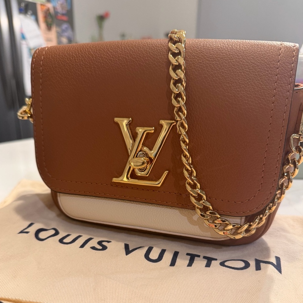 Louis Vuitton Tan and Cream Crossbody Bag with Gold Chain Lock Me Tender